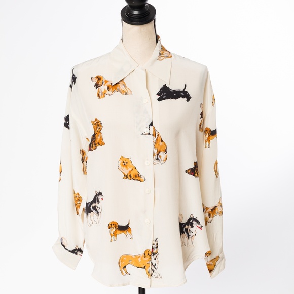 100% silk dog lover blouse cream Fu Da size M - Picture 8 of 12